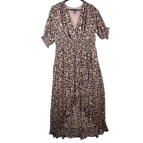 Express Smocked Waist Hi-Lo Cheetah Dress L Ruffles V Neck Wedding Guest Chiffon - Picture 2 of 16